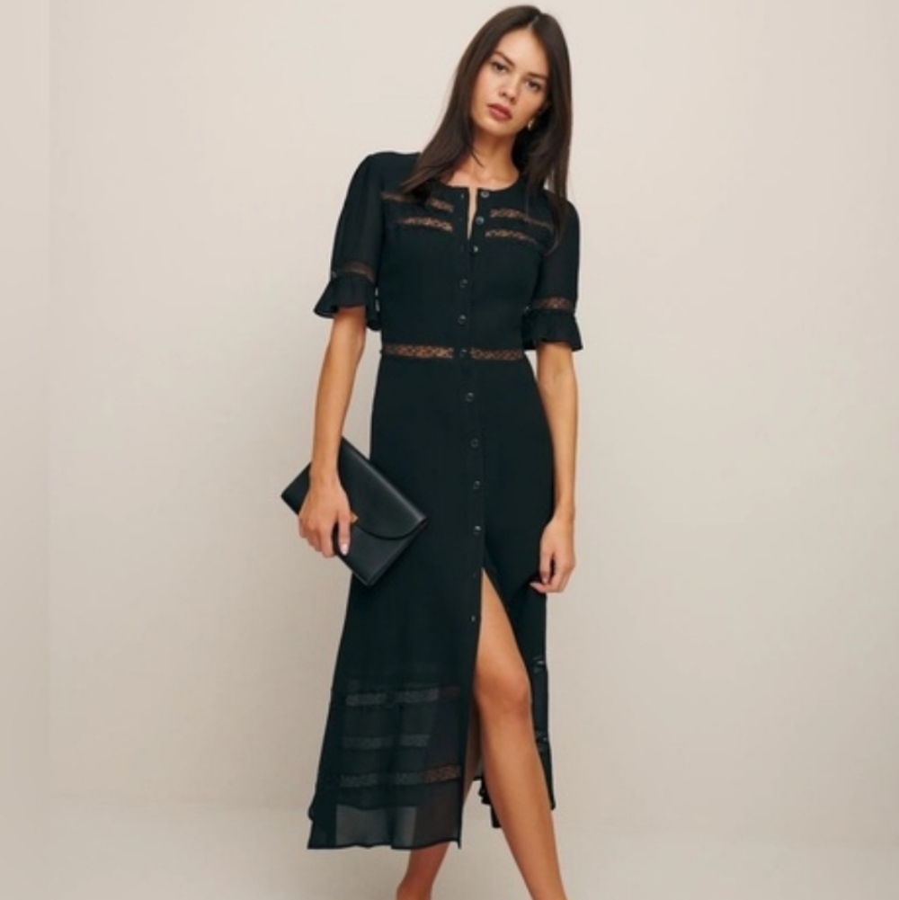 Reformation Black Button-Front Lace-Trim Maxi Dress